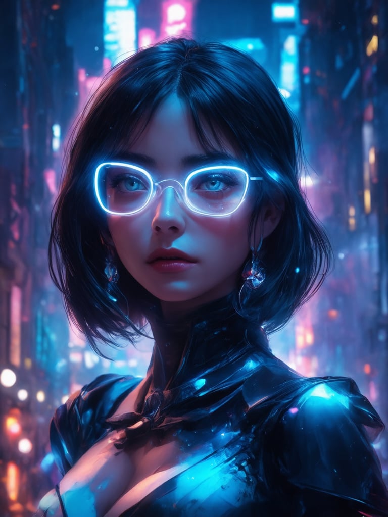 In a futuristic metropolis, a cyberpunk girl with clear neon glasses gazes wistfully into the distance. Golden ratio details dance across her intricate costume, adorned with decadent accessories. Set against a deep, vibrant background, she's sharply focused in an 32K UHD digital painting. Heartwarming and uplifting, her charming expression is illuminated by light leaks, subsurface scattering, and rim lighting. Her eyes are a masterpiece of detailed beauty, with a subtle sparkle that captures the imagination.