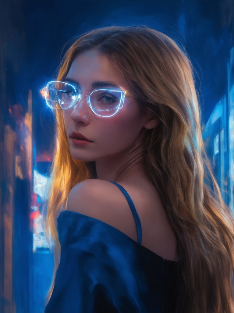 A mesmerizing cyberpunk beauty donning clear neon glasses, framed against a deep blue-hued cityscape. Golden ratio details are woven throughout the intricate, decadent architecture. Her golden locks cascade down her back, as she poses confidently in front of a holographic advertisement. The 32K UHD artwork shines with smooth, sharp focus and detailed eyes that seem to sparkle like stars.

In the foreground, a subtle light leak illuminates her face, accentuating the rim light that defines her features. Subsurface scattering adds depth to her skin tone, while vibrant complementary colors in the background create a sense of dimensionality. Every detail, from the intricate circuitry on her glasses to the delicate folds of her clothing, is rendered with the highest quality and mastery, making this digital painting a true masterpiece.