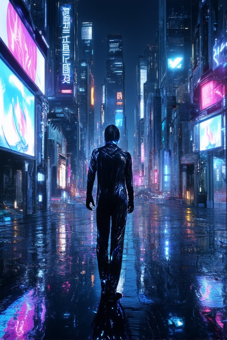 A futuristic cityscape at dusk, with holographic advertisements and neon lights reflecting off the wet pavement. In the center, a lone figure in a sleek black jumpsuit, eyes glowing bright blue as they manipulate a Holo Dyss device, its swirling patterns of light dancing around them like a vortex.