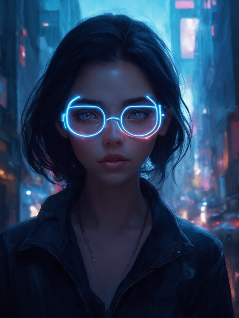 In a dystopian cityscape, a striking cyberpunk girl stands out, her gaze piercing through clear neon glasses. Amidst the gritty backdrop, she exudes warmth and charm, as if radiating from within. Her golden-ratio-compliant features are meticulously crafted, with intricate details that pop against the smooth, high-definition digital painting. The frame is bathed in beautiful lighting, showcasing light leaks, subsurface scattering, and rim lighting that accentuates her features. The deep background hums with vibrant complementary colors, drawing the viewer's eye to the subject's sharp focus and masterfully detailed eyes and face.