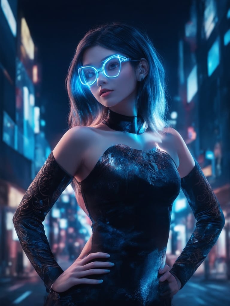 In a neon-lit cityscape, a captivating cyberpunk girl stands out amidst the futuristic backdrop. She wears clear neon glasses that seem to pulse with an inner glow, her eyes shining like polished onyx. The golden ratio guides the composition, as she poses confidently, one hand resting on her hip. A decadent, intricate design adorns her sleeve, shimmering in 32k UHD detail. Her face is a masterpiece of smooth, sharp focus, with detailed features that seem almost lifelike. Lighting and shading dance across her skin, with subtle rim light and subsurface scattering adding depth. Vibrant complementary colors pop against the dark background, as if infused with magic.