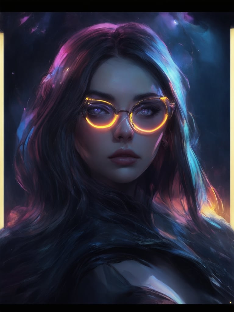 A cyberpunk beauty dons clear neon glasses, her piercing gaze shining like a beacon in the dark. Framed by intricate details adhering to the golden ratio, she stands amidst a decadent fantasy landscape. In 32k UHD, every stroke of digital paint is rendered with precision and smoothness. Inspired by Artgerm, Loish, and WLOP, this masterpiece exudes warmth, uplifting charm, and stunning detail in her eyes, face, and attire. Light leaks and subsurface scattering create a mesmerizing glow, while rim light highlights her features against a deep, vibrant background.