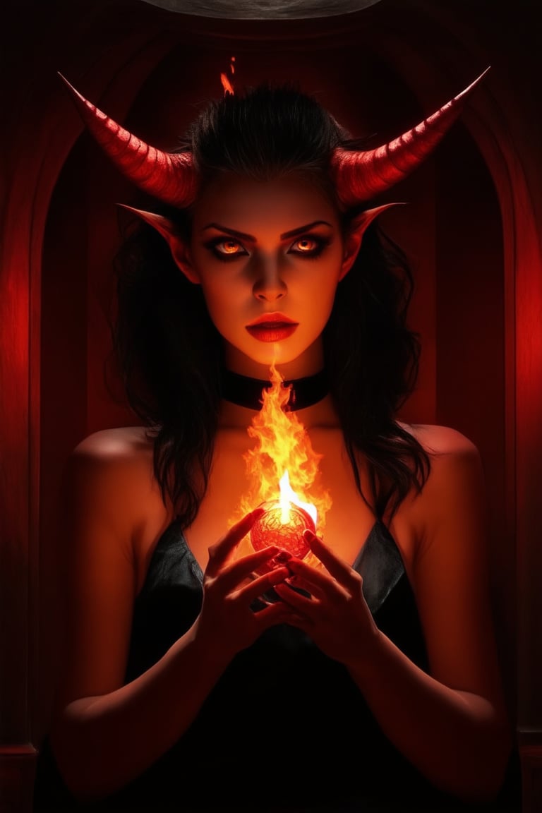 A fiery femme fatale: A sultry sorceress poses confidently in a dimly lit, red-hued chamber, her horns and pointed ears gleaming with an otherworldly intensity. A delicate, crimson-stained choker adorns her neck as she grasps a miniature, glowing hellfire orb, her eyes burning with mischievous intent.