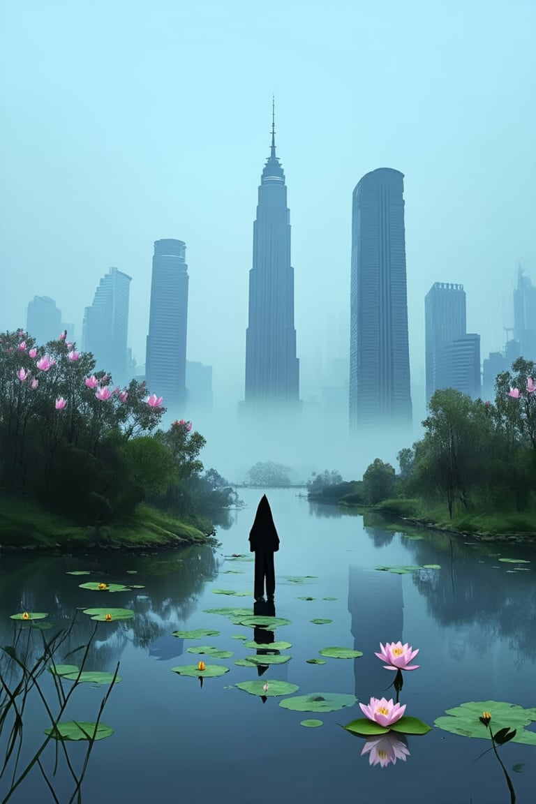 A serene, ethereal landscape: a dreamy cityscape with wispy skyscrapers and misty haze, set against a soft, gradient blue sky. A lone figure, shrouded in a flowing cloak, stands at the edge of a tranquil lake, surrounded by blooming lotus flowers. The atmosphere is one of mystique and reverie.