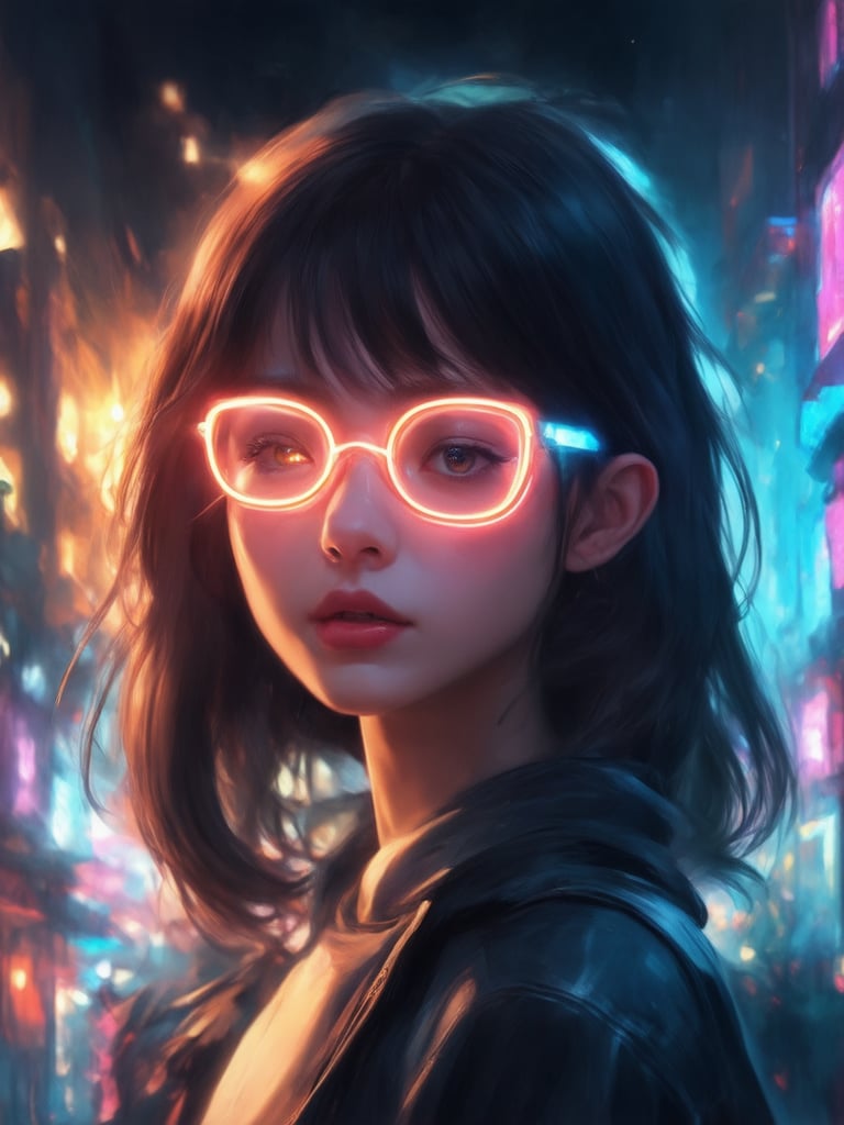 A cyberpunk girl with clear neon glasses shines brightly amidst a decadent, intricately detailed fantasy world. Golden ratio harmony guides the composition as she stands in front of a neon-lit cityscape, bathed in warm light leaks and subsurface scattering. Her eyes sparkle with a sense of wonder, framed by sharp focus and vibrant complementary colors. The background fades into a deep, rich tone, while her face is rendered with masterful detail, featuring the highest quality UHD texture. This digital painting masterpiece exudes a heartwarming, uplifting charm, reminiscent of Artgerm's style.