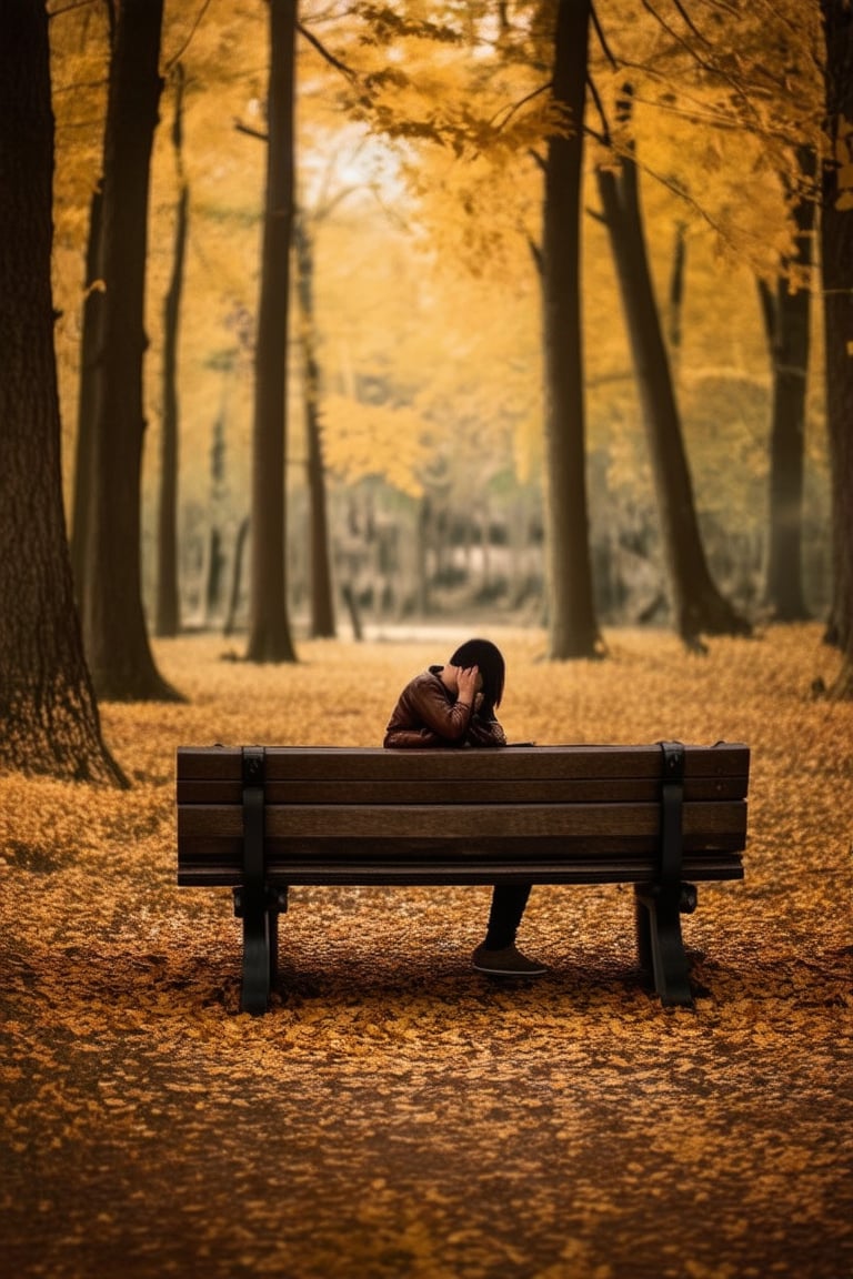 Golden leaves scatter across a rustic wooden bench, surrounded by tall trees with amber hues, as a lone figure sits in contemplation, hands clasped and eyes gazing down at a worn leather journal. Soft autumn light filters through the branches, casting dappled shadows on the forest floor.