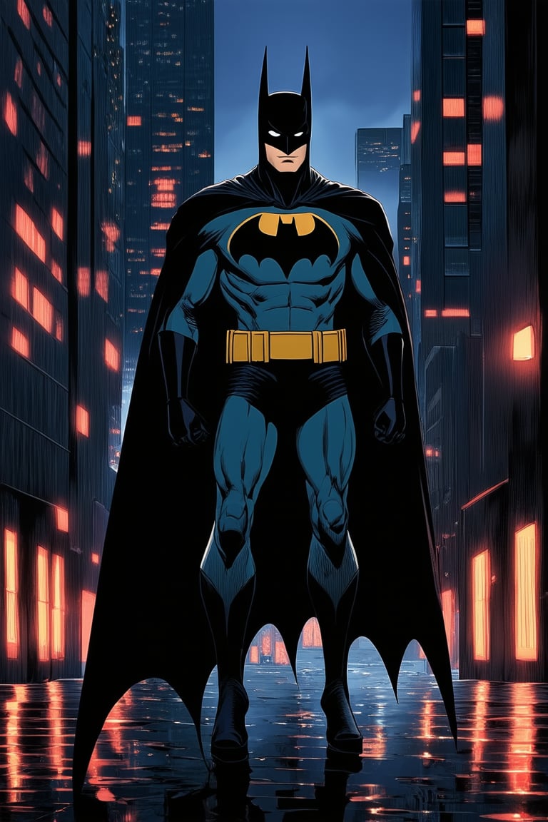 A darkened cityscape at dusk, with towering skyscrapers and neon lights reflecting off wet pavement. Batman stands heroically in the foreground, his iconic cape fluttering behind him as he gazes out upon the Gotham City skyline. A faint Bat-signal glows on the horizon, illuminating the Dark Knight's vigilant stance.