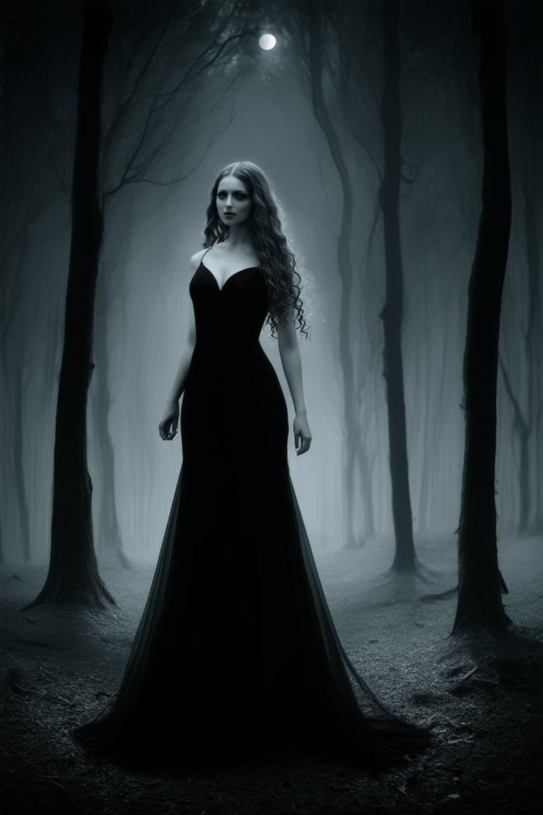 A mysterious scene unfolds in a dimly lit, dark forest, where shadows dance across the misty atmosphere. A beautiful woman with long, curly hair and piercing eyes stands tall, her pale skin glowing in the faint moonlight. She's dressed in a flowing black gown, its hem fluttering in an unseen breeze.