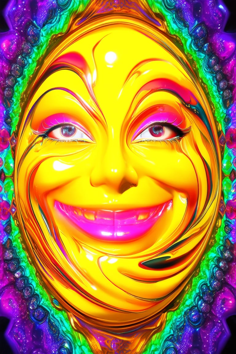 A vibrant 3D image features a bright yellow face with swirling orange and pink hues, surrounded by a kaleidoscope of colors. The subject's eyes sparkle like diamonds against a backdrop of shimmering purple and green. A whimsical smile stretches across the face, as if radiating joy.