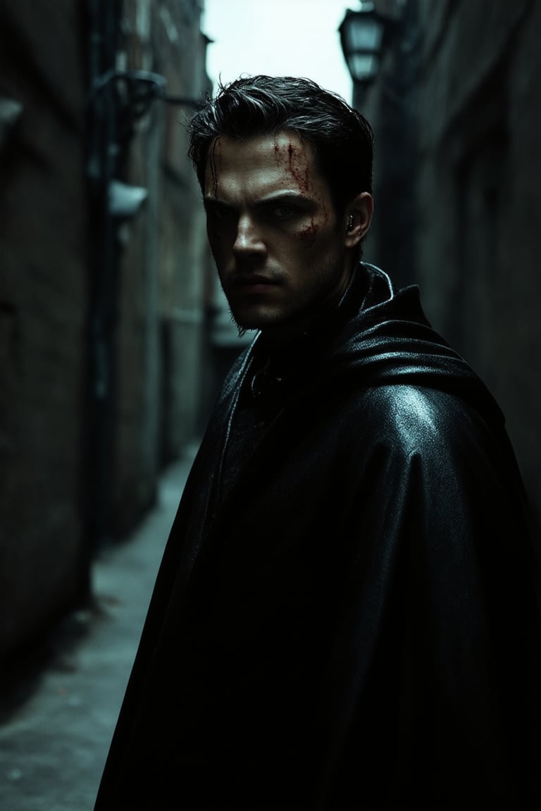 A dark hero stands alone in a dimly lit alleyway, shadows cast long across his rugged face as he gazes intensely into the distance. His black leather duster coat billows behind him like a cloak of darkness, framing his brooding expression. A lone streetlamp casts an eerie glow, illuminating the faint scars on his chiseled features and the glint in his piercing eyes that hints at a troubled past.