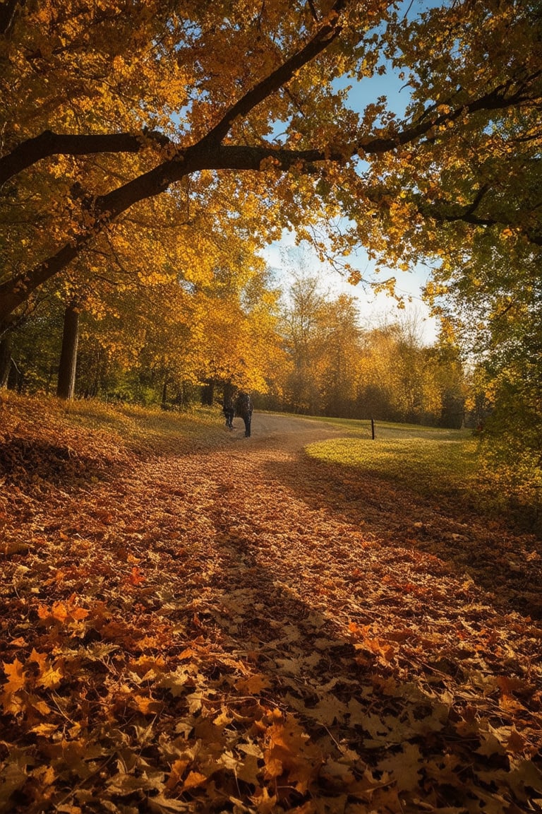 A serene autumn morning scene: A warm golden light pours from above, casting long shadows across the rust-hued leaves scattered on the forest floor. A majestic oak stands tall, its branches heavy with the weight of ripened acorns. In the distance, a lone hiker walks along a winding path, surrounded by the vibrant hues of nature's final dance before winter's chill.