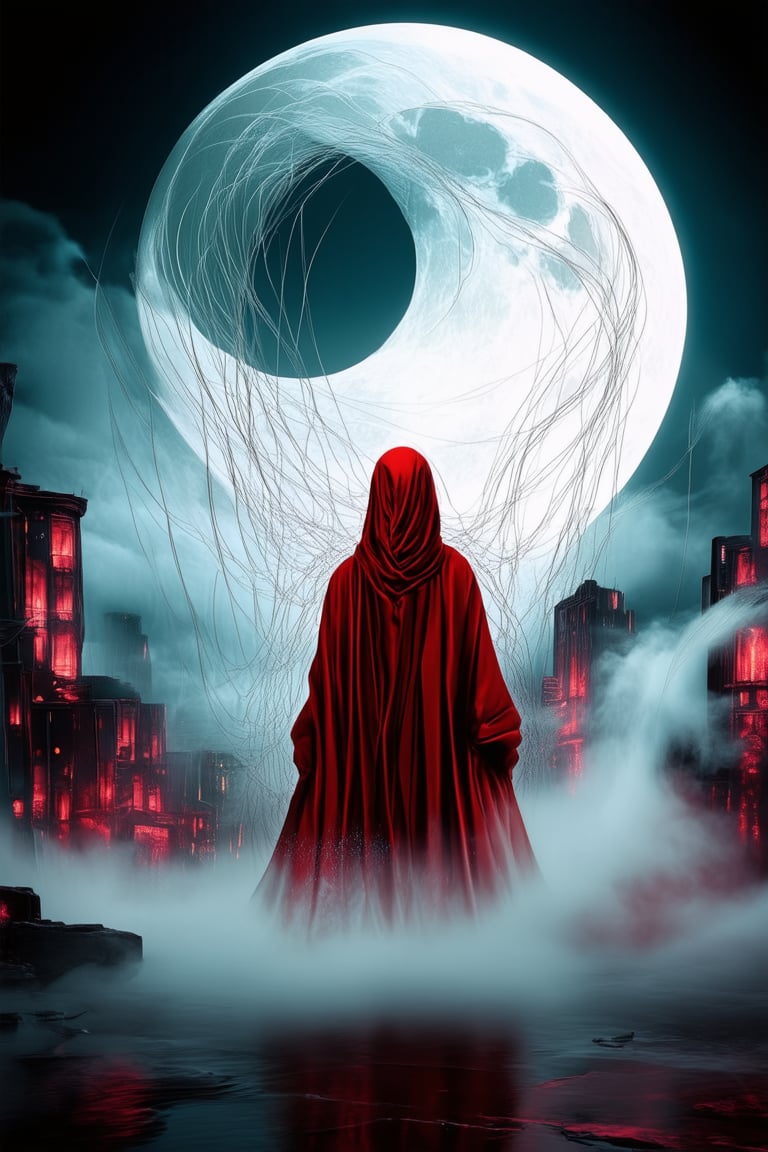 A surreal dreamscape unfolds: a crimson cityscape dissolves into swirling clouds, as a lone figure - shrouded in misty veil - drifts weightlessly amidst wispy tendrils of fog. Framed by a hauntingly lit crescent moon, the subject's ethereal form blurs with the background, evoking an otherworldly sense of detachment and longing.