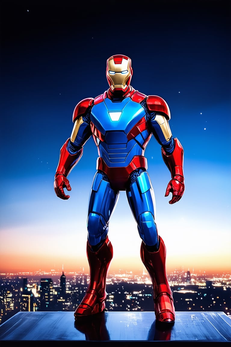 A vibrant, dynamic shot of Iron Man in his iconic suit, standing triumphantly on a gleaming metallic platform with the cityscape at dusk as the backdrop. The bright, electric blue and red hues of the armor illuminate the darkening sky, while Tony Stark's confident pose exudes determination and heroism.