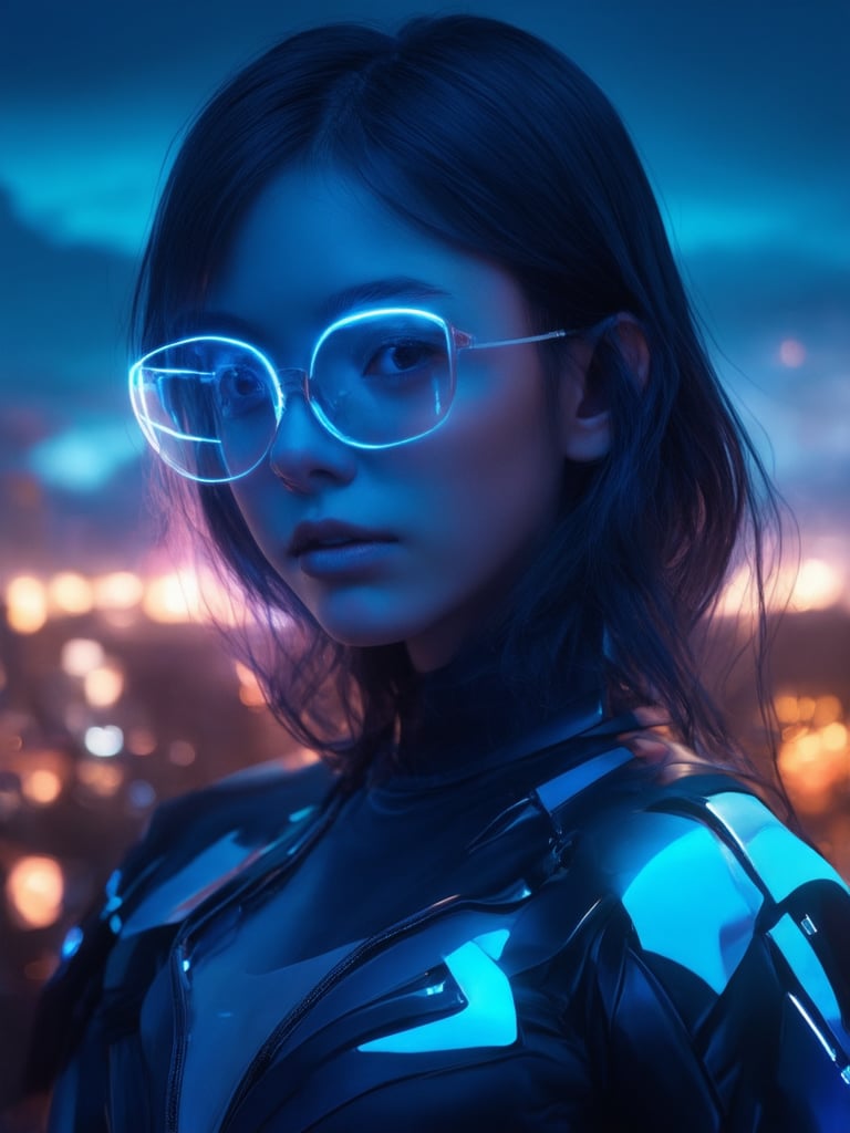 A cyberpunk girl stands against a neon-lit cityscape at dusk. She wears clear glasses that glow with an electric blue hue, reflecting the golden ratio details on her intricately designed outfit. Her gaze is captivating, with smooth, sharp focus on her features. In the background, a deep cityscape unfolds, illuminated by light leaks and subsurface scattering. Rim lighting accentuates her striking face, while vibrant complementary colors dance across her cyberpunk attire. The overall composition exudes charm, warmth, and an air of fantasy, set against a masterpiece backdrop of stunning UHD detail.