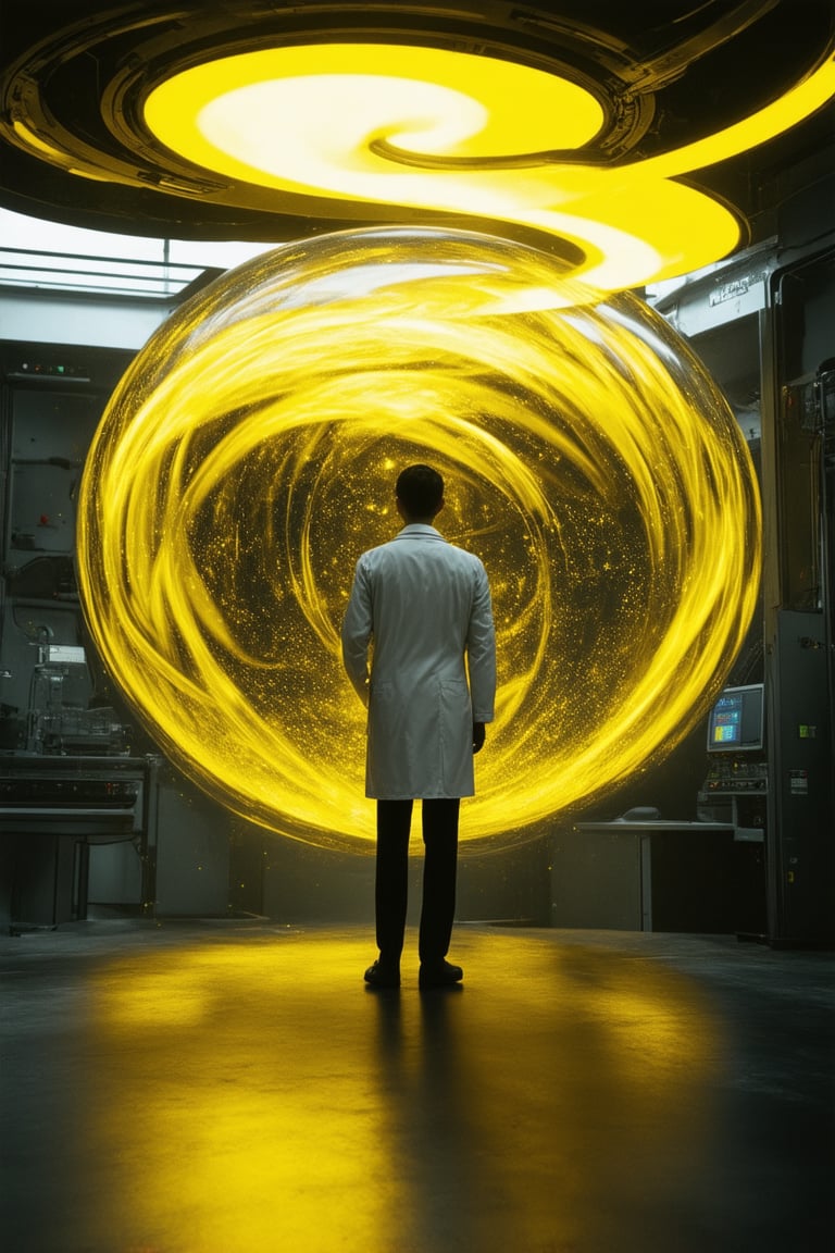 A futuristic laboratory setting with a retrofuturistic tone. A sleek, metallic sphere with a bright, vibrant yellow hue dominates the center of the frame, surrounded by a halo of soft, warm light. The sphere's surface appears to be in motion, as if it's emitting tiny, swirling particles that dance around its circumference. In the background, rows of vintage computer terminals and dusty scientific equipment hum with nostalgia. A lone scientist in a crisp white lab coat stands at attention beside the sphere, gazing intensely at the swirling colors.