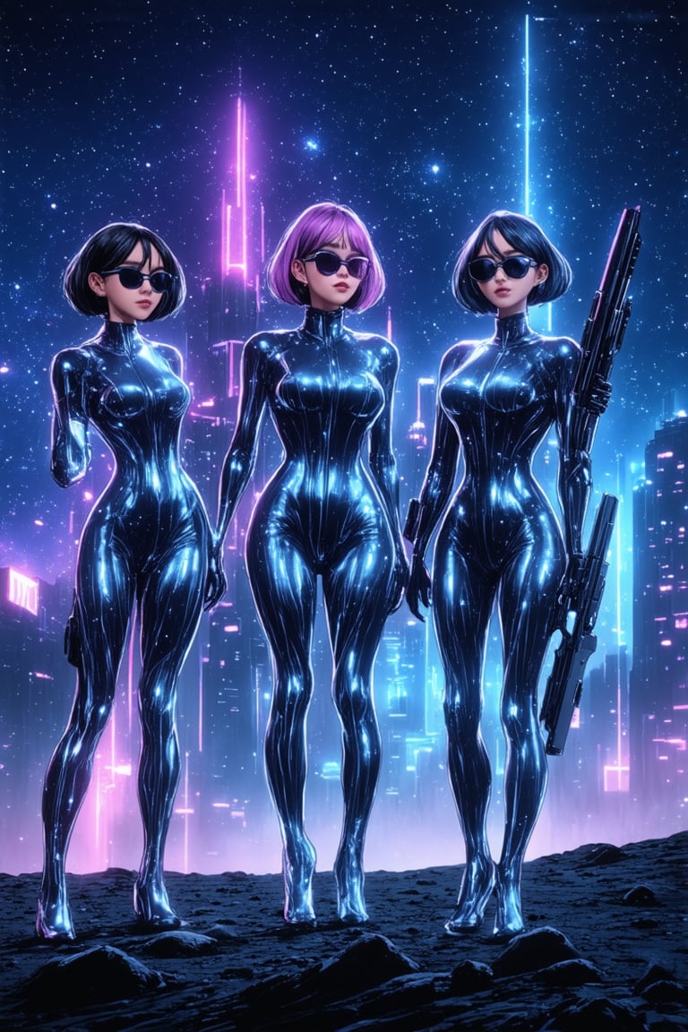 Close-up shot of a group of retro-futuristic space girls standing in front of a neon-lit cityscape on a distant planet. The girls wear sleek silver jumpsuits and have short, spiky hair in shades of blue and pink. The leader, with a bold purple streak, poses confidently while holding a futuristic blaster. Soft lighting casts a warm glow on their faces as they gaze out at the stars.