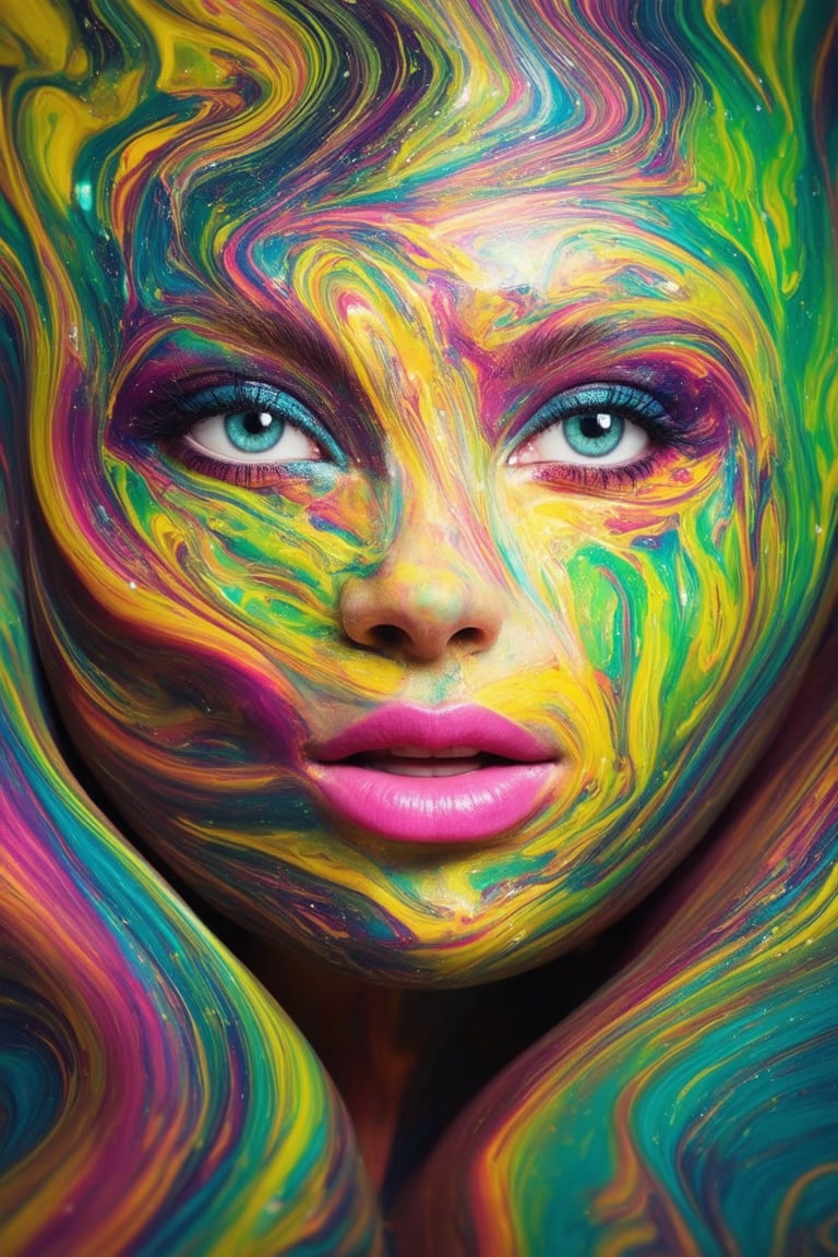 Close-up shot of a vibrant 3D face, with swirling colors dancing across its surface like aurora borealis. Bright pink cheeks glow softly, while turquoise eyes sparkle with inner light. A kaleidoscope of hues - emerald green, sunny yellow, and sky blue - swirl together in mesmerizing patterns. The subject's expression is one of joyful abandon, as if embracing the whimsical beauty of their own colorful visage.