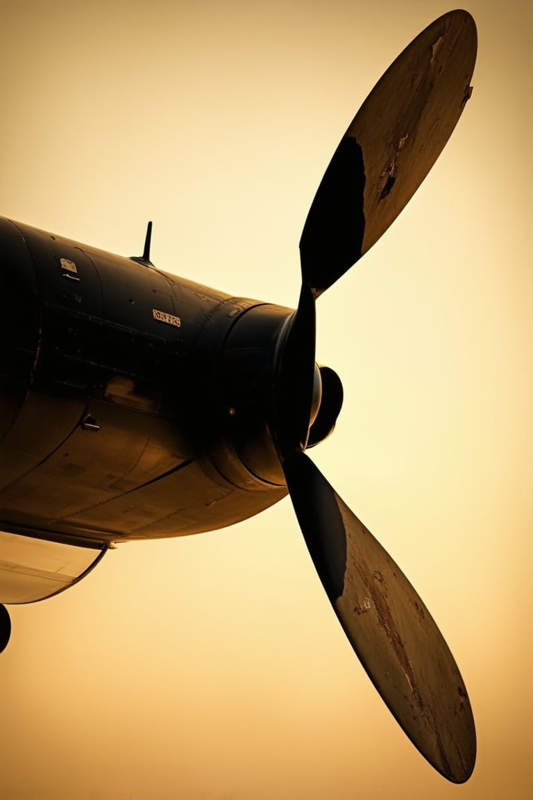 A close-up shot of a vintage-style airplane propeller spinning rapidly, with blurred background and warm golden lighting to evoke a sense of nostalgia and adventure. The propeller's wooden blades are worn and weathered, with visible scratches and patina, as if from years of flying through rugged skies.