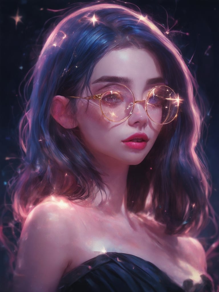 A cyberpunk beauty, bathed in warm neon hues, wears clear glasses that gleam like miniature stars. Her golden-ratio-framed face is a masterpiece of intricate details, set against a deep, vibrant background with subtle light leaks and subsurface scattering. The rim light casts a charming glow on her smooth, sharply focused features. Her eyes sparkle with an ever-after-high sense of wonder, as if lit from within by the promise of a fantastical world. In this Octane Rendered artwork, Loish's influence shines through in the decadent beauty and Artgerm's style is evident in the level of detail achieved.