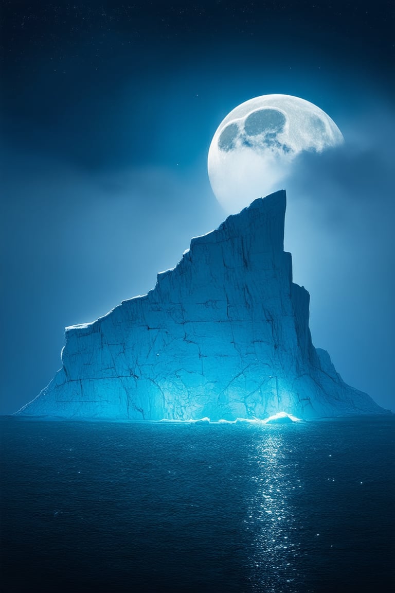 A majestic iceberg rises from a misty, moonlit sea, its crystalline walls glowing with an ethereal light. The shot frames the iceberg's towering peak against a dark blue horizon, where stars twinkle like diamonds scattered across the velvet expanse. Soft, feathery clouds drift lazily across the sky, while the iceberg's rugged edges seem to shimmer with an otherworldly energy.