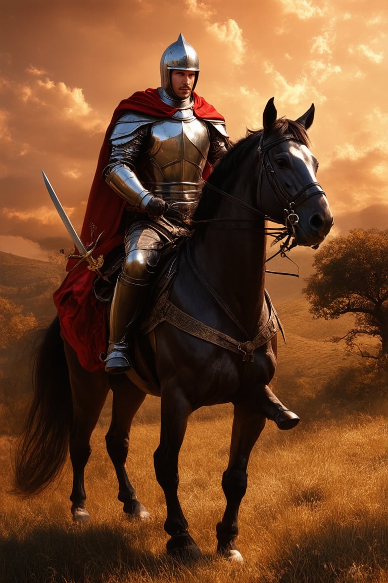 A nostalgic Legend theme, reminiscent of medieval myth and fantasy. A cinematic shot: a majestic knight on horseback, armor glistening in warm sunlight, against a fiery orange-red sky with wispy clouds. He stands proudly, sword held high, cape flowing behind him. The landscape stretches out before him, rolling hills and ancient trees, evoking a sense of adventure and heroism.