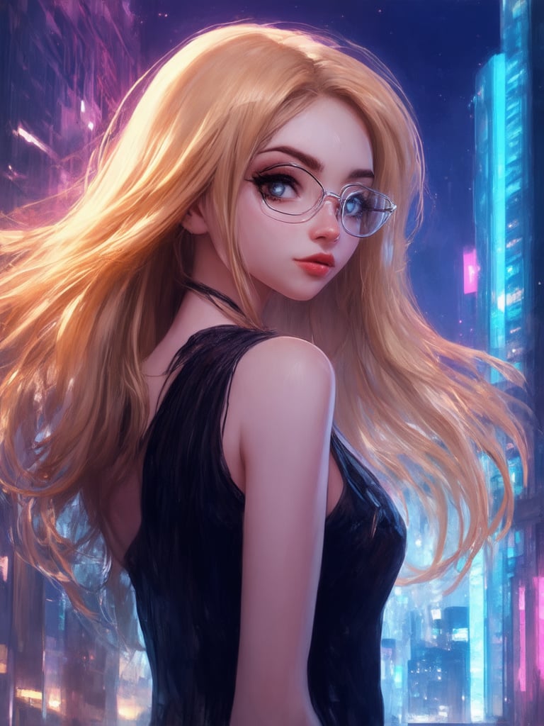 In a futuristic cityscape bathed in neon hues, a cyberpunk girl with clear glasses shines like a beacon. Her golden locks cascade down her back as she gazes out at the city's towering skyscrapers, framed by a subtle rim light. Intricate details adorn her outfit, reflecting the decadent atmosphere. The digital painting exudes smooth, sharp focus and vibrant colors, reminiscent of Artgerm or Loish. Ever After High-inspired, this masterpiece boasts UHD quality, with detailed eyes and face that seem to leap off the page. Light leaks and subsurface scattering add depth, while a beautiful background teems with life.