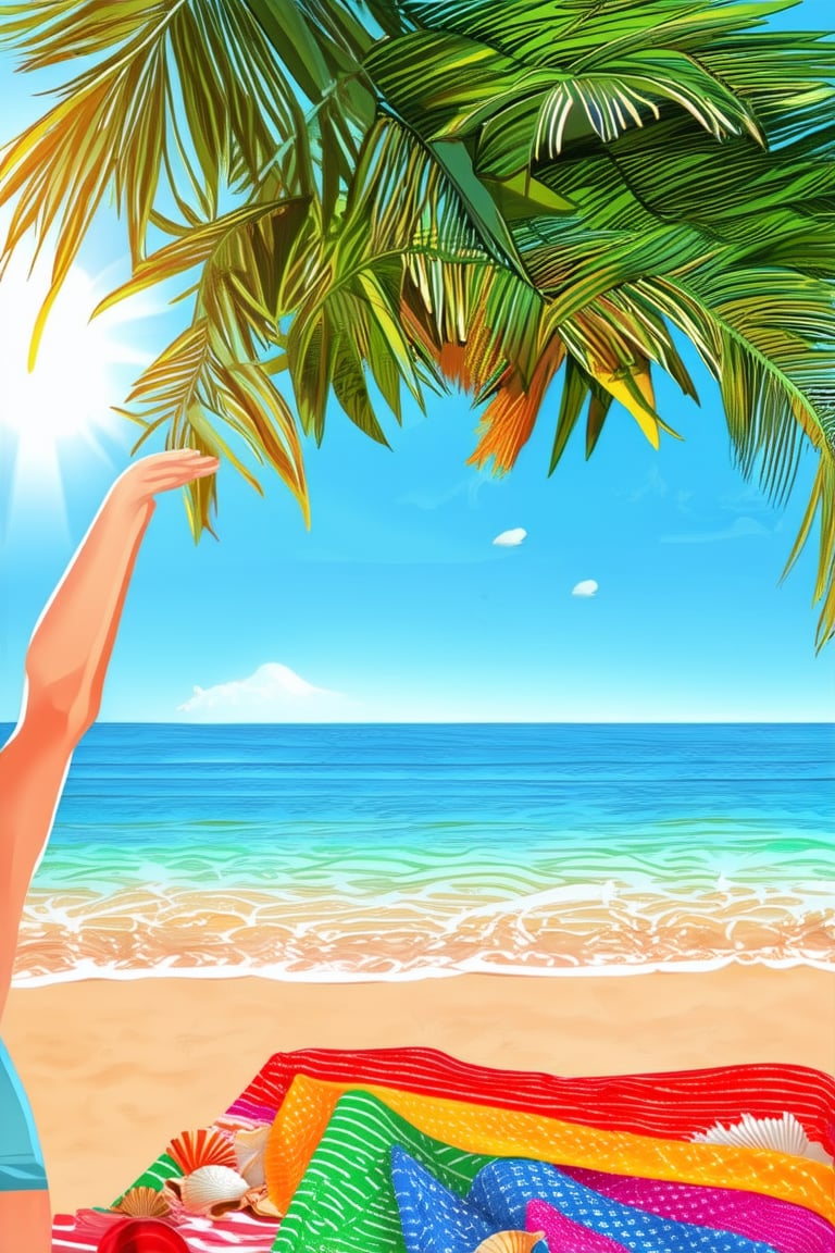 Captivating summer afternoon scene: Warm sunlight casting a golden glow on a picturesque beachside setting, soft waves gently lapping at the shore, palm trees swaying in the gentle breeze. A carefree individual, arms outstretched and eyes closed, soaking up the radiant heat, surrounded by colorful beach towels and a few scattered seashells.