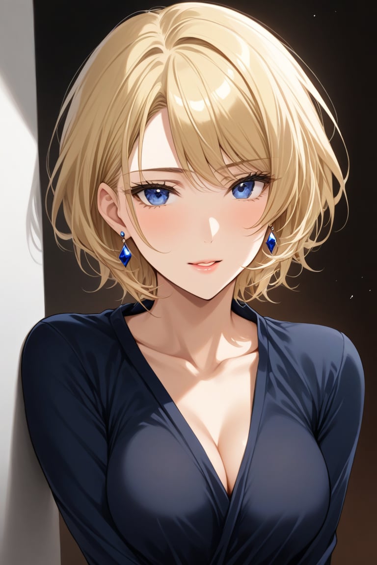 a tall slender blonde mature woman with very short bob haircut, blonde hair, dark blue eyes, she is wearing a dark blue very open long dress, earrings. A beautiful face. a real masterpiece, they are in love with each other. an over-detailed face. careful drawing of the face. A beautiful face.
score_9, score_8,score_7,rating_explicit, (Aesthetic dark image)score_9,score_7_up,rating_explicit, score_8_up,harukasm,haruka tenou, parted bangs, woman solo 