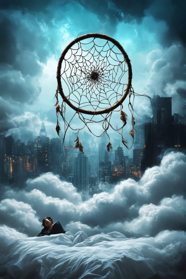 A surreal landscape unfolds: a dreamcatcher's web glows softly in the center of the frame, surrounded by swirling clouds and wispy tendrils of smoke. A cityscape rises from the horizon, its skyscrapers twisted into impossible shapes. In the foreground, a lone figure lies on a bed of fluffy white clouds, their face contorted in a mix of wonder and terror.