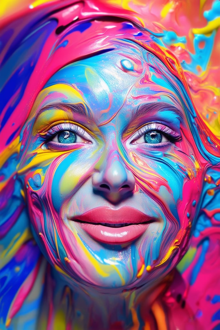 A bright and vibrant close-up shot of a 3D colorful face, with bold brushstrokes of pink, blue, and yellow swirling across the cheekbones. The eyes sparkle like diamonds, shining with a warm golden light. The subject's facial expression is playful, with a hint of mischief, as if they're about to burst into laughter.