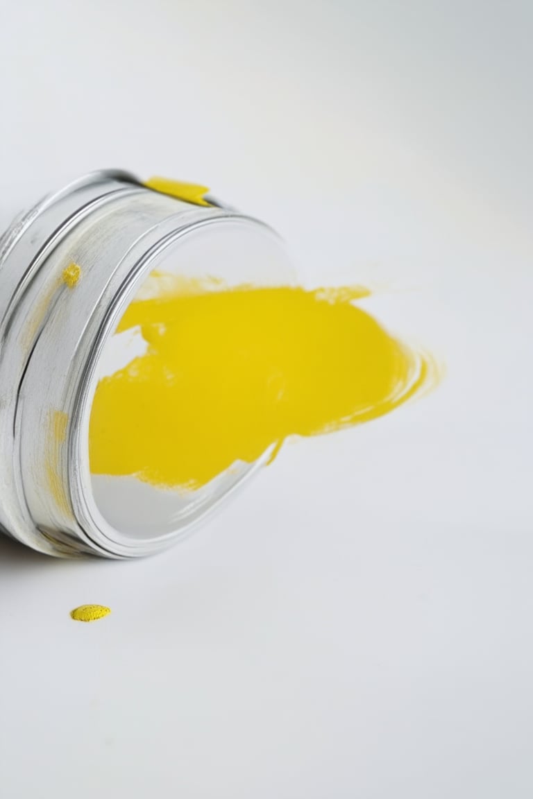 A close-up shot of a yellow paint can against a bright white background, with soft focused brushstrokes visible on the surface. The can is centered, surrounded by negative space, and lit from above with a subtle gradient effect to enhance its vibrant color. A small droplet of paint forms at the corner, adding texture and visual interest.