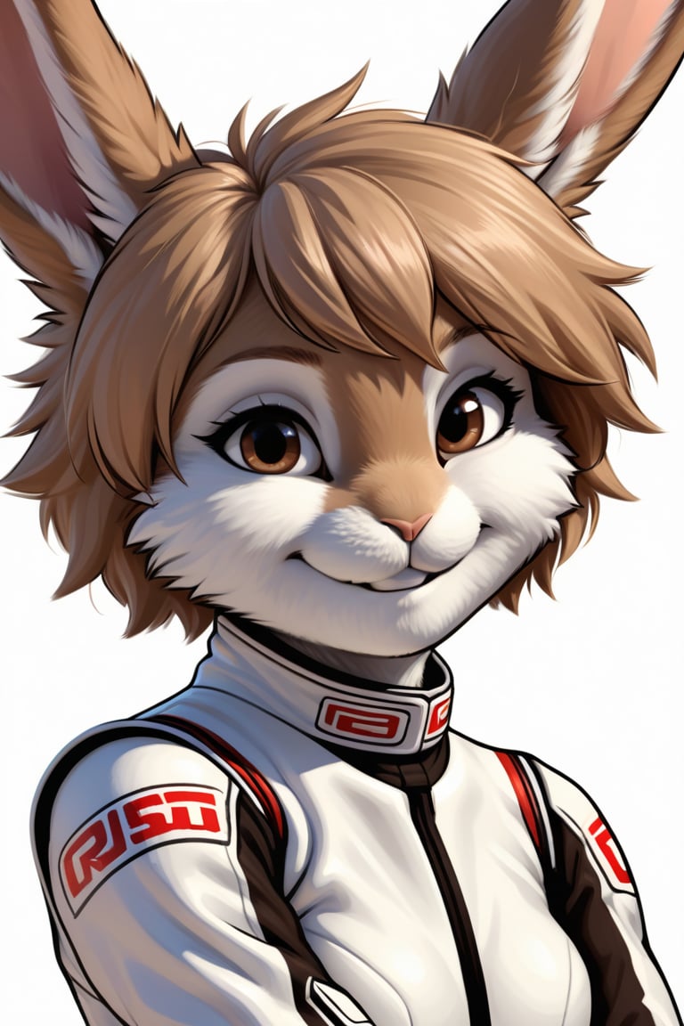 4k, extremely detailed, masterpiece, anthro, furry, anthropomorphic, female, blank background, smooth lighting, female rabbit, light brown fur color, dense fur, fluffy fur, white racing suit, white racing gloves, young, smile, short hair portrait