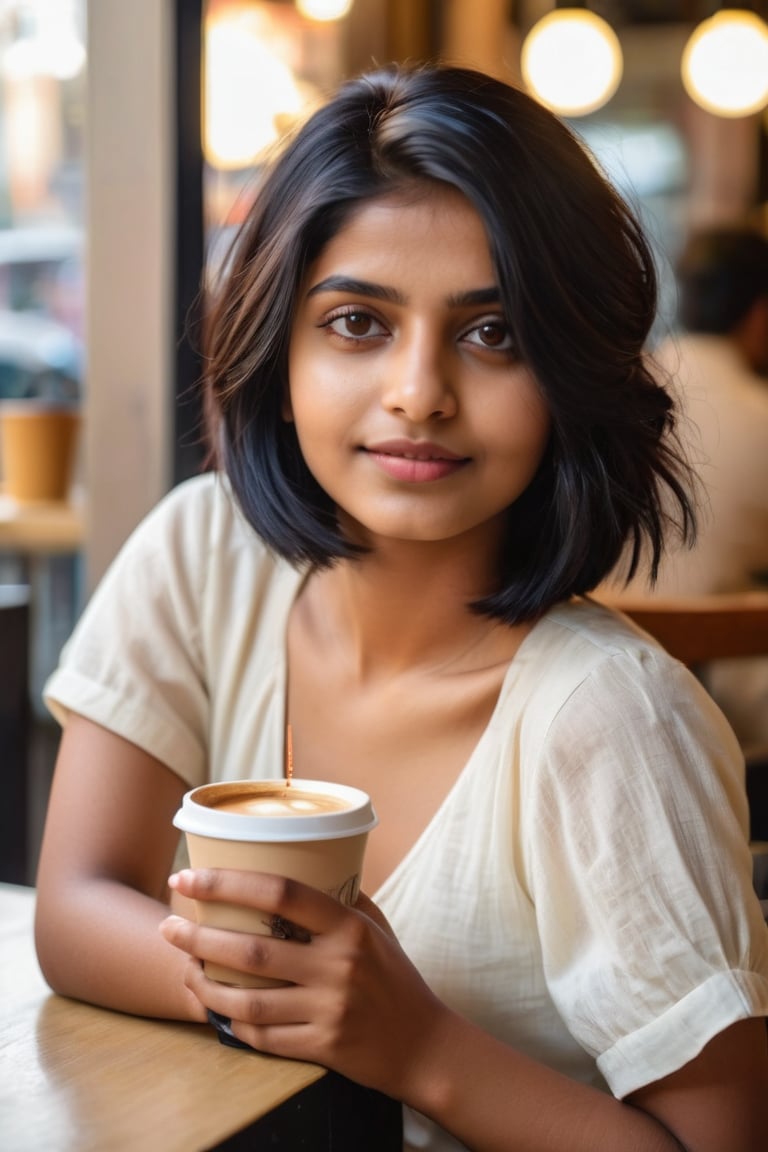 A photojournalist portrait of an 25-year-old Indian girl with captivating beauty her hair styled in a chic bob and dyed a mesmerizing white dressed in a simple black and jeans that highlight her natural beauty.The background should depict a relaxed coffee shop setting, with soft lighting, comfortable seating, and people enjoying