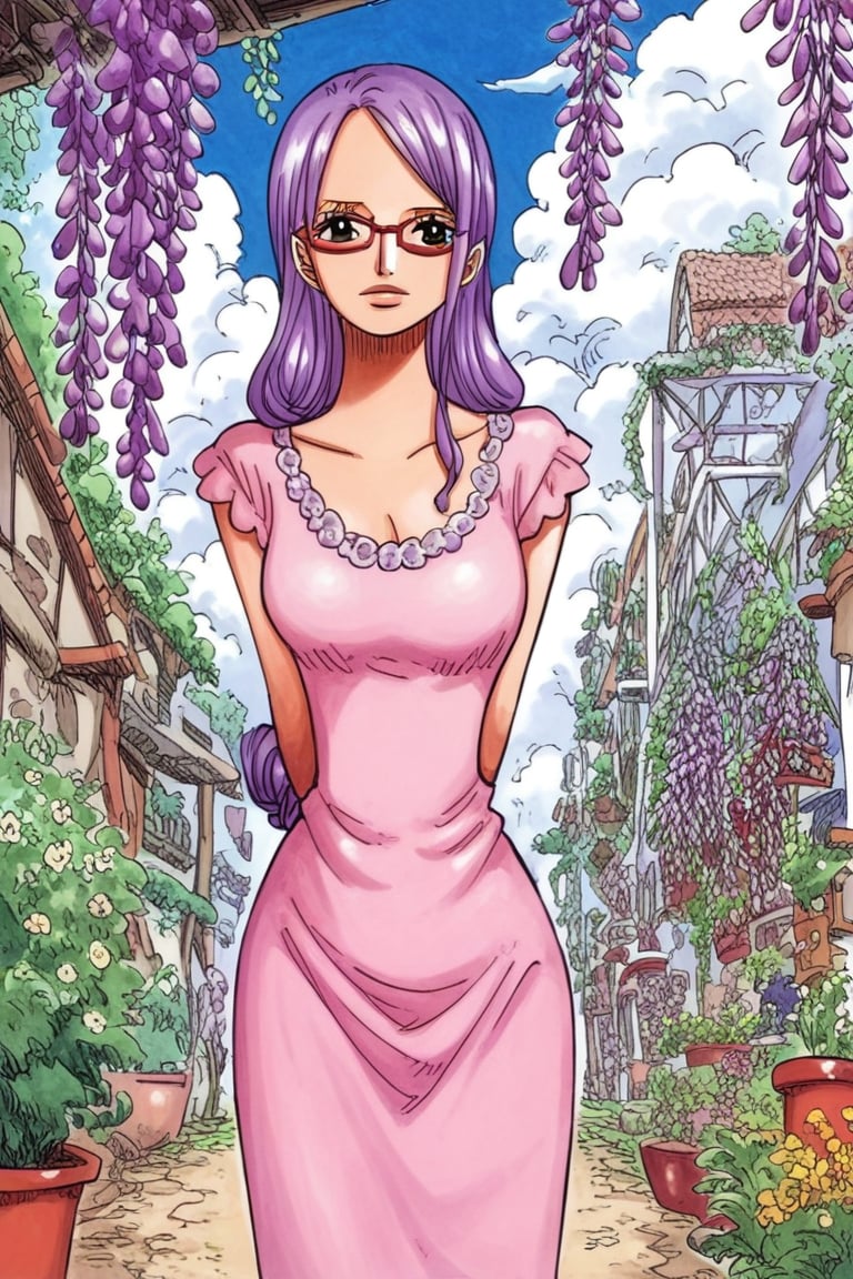 score_9, score_8_up, score_7_up, looking at viewer,  BREAK ARTSTYLE_OnePiece_MangaColored_ownwaifu, 1girl, slimes_rize, red glasses, long purple hair(leaning forward, arms behind back), cowboy shot, garden, wisteria, outdoors,  , depth of field, solo, 