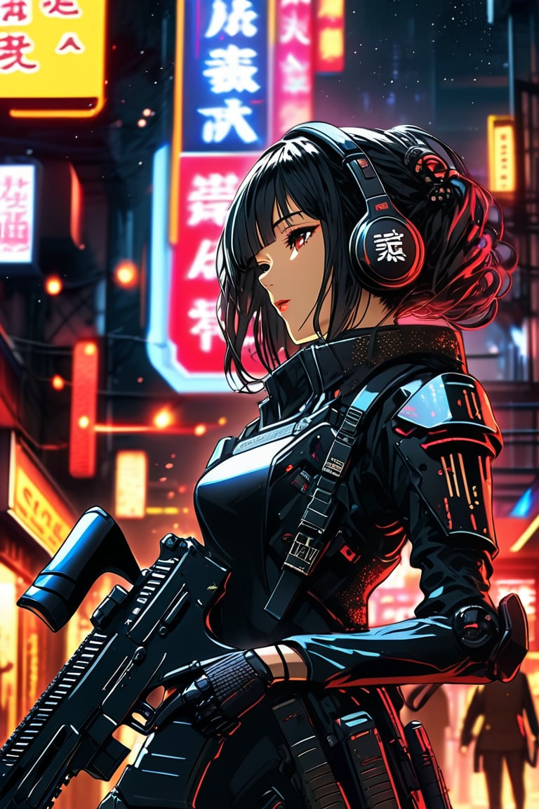 cyberpunk anime, stunning Japanese woman wearing red and black sci-fi power armour, headphones, dark eyeshadow, holding assault rifle on cyberpunk street at night, neon signs and advertising, bokeh, side lighting,ct-physmstyle