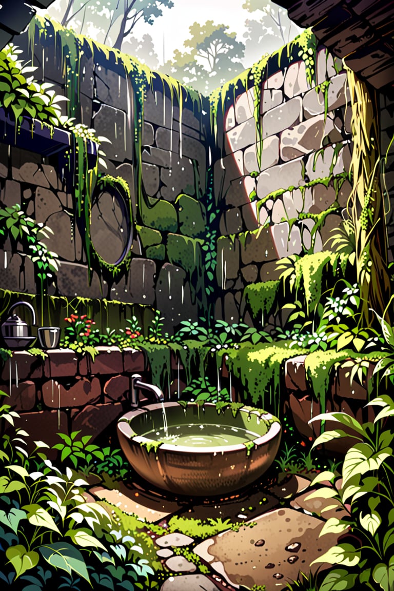 score_9, score_8_up, score_7_up, source_anime,  A rainforest, (ultra realistic:1.5), ethereal, cloudy environment, a single wall,  short wall,  a broken brick wall, mossy wall, creppers on the wall, a washing basin attached to the wall, middle of a rainforest, light rain shower, hyper realistic background, main focus is basin, whole wall and basin slight covered with moss and creeper plants, 100 years old wall, beautiful, ethereal, hyper ealistic, hyper detailed, front angle, unreal engine 5, forest background, hyper realistic environment, 