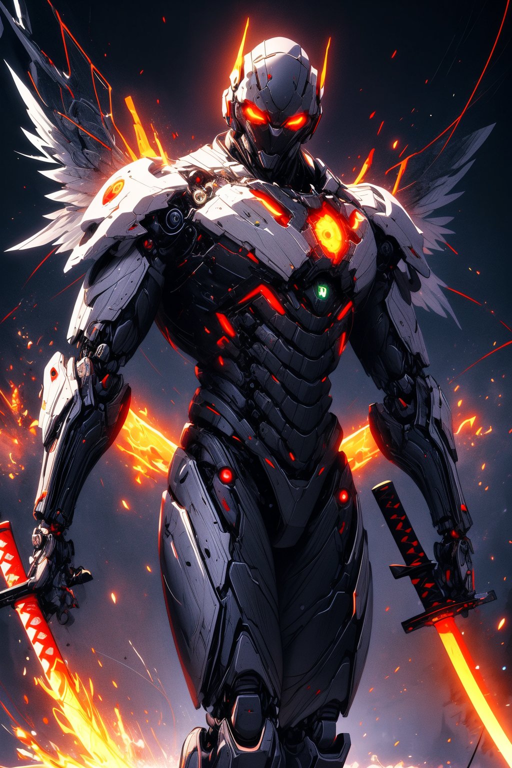 full black carbon armour, male,humanoid robot, character illustration, posing, warrior, holding katana, wearing full carbon armour, black, gear in thigh joints, sparks, glowing particles, glowing eyes, white eyes, glowing, mechanical glowing wings, black and golden wings, glowing,  mechanical wings, sci-fi, futuristic, minimalistic, white and red abstract background, perfect anatomy, perfect hands, 8k uhd, ultra realistic, hyper detailed, no mistakes, sci-fi robot, no human, red and white abstract background.