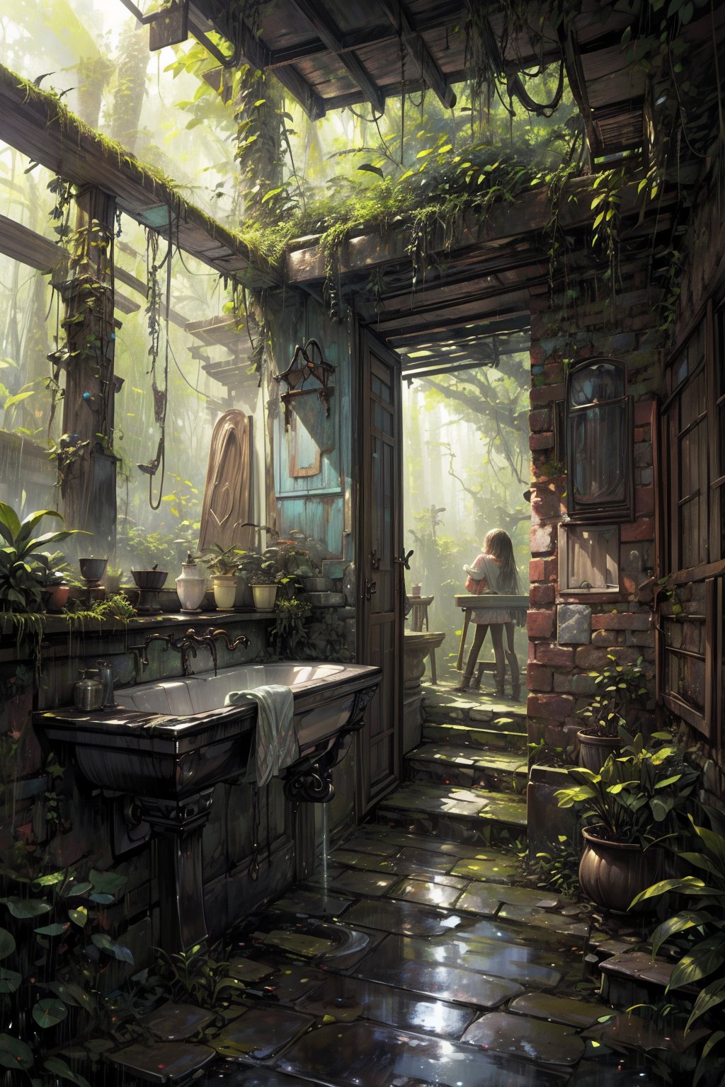 score_9, score_8_up, score_7_up,background illustration,  A rainforest, (ultra realistic:1.5), ethereal, cloudy environment, a single wall,  short wall,  a broken plain standing brick wall, mossy wall, creppers on the wall, a standing washing basin attached to the wall, middle of a rainforest, light rain shower, hyper realistic background, main focus is basin, whole wall and standing basin slight covered with moss and creeper plants, 100 years old wall, beautiful, ethereal, hyper ealistic, hyper detailed, front angle, unreal engine 5, forest background, hyper realistic environment,more detail XL,Magic Forest,FFIXBG