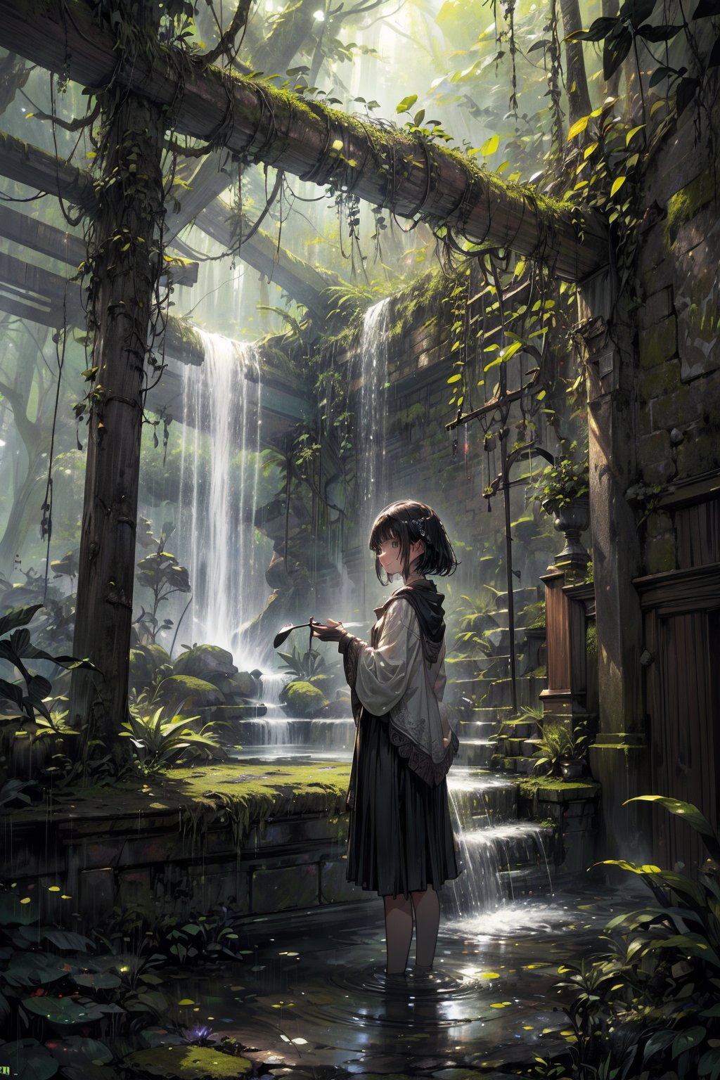 score_9, score_8_up, score_7_up,background illustration,  A rainforest, (ultra realistic:1.5), ethereal, cloudy environment, a single wall,  short wall,  a broken plain standing brick wall, mossy wall, creppers on the wall, a standing washing basin attached to the wall, middle of a rainforest, light rain shower, hyper realistic background, main focus is basin, whole wall and standing basin slight covered with moss and creeper plants, 100 years old wall, beautiful, ethereal, hyper ealistic, hyper detailed, front angle, unreal engine 5, forest background, hyper realistic environment,more detail XL,Magic Forest,FFIXBG