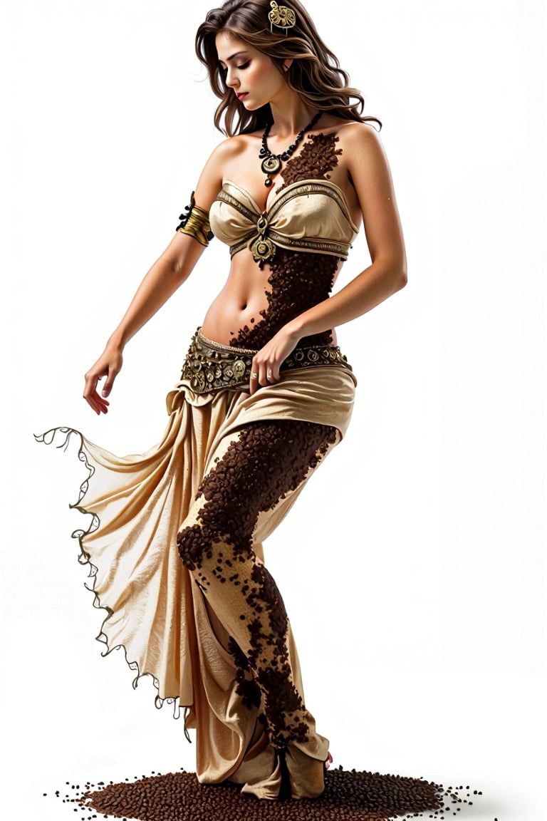 Concept art, belly dancer, made out of coffee, belly dancer, coffee woman, woman of coffee, ultra realistic, white background, 3d