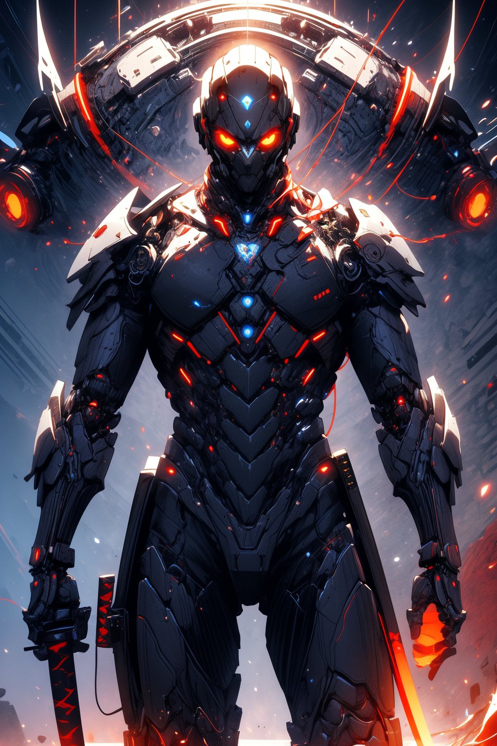 full black carbon armour, male,humanoid robot, character illustration, posing, warrior, holding katana, wearing full carbon armour, black, gear in thigh joints, sparks, glowing particles, glowing eyes, white eyes, glowing, mechanical glowing wings, black and golden wings, glowing,  mechanical wings, sci-fi, futuristic, minimalistic, white and red abstract background, perfect anatomy, perfect hands, 8k uhd, ultra realistic, hyper detailed, no mistakes, sci-fi robot, no human, red and white abstract background.