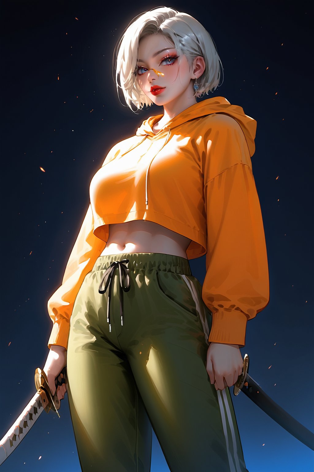 visualy complex illustration, source_anime, beautiful tall woman, year 3000, neon tokyo, short_hair, white hairs, orange round glasses, wearing street style clothes, yellow hoodie with black strips, green baggy pants with black strips, night time, dark environment, slight neon lights illuminating from both sides, white sneakers,standing while posing, serious face, dynamic girl, facing backwards, looking sideways, holding mechanical katana, dynamic pose, low angle view, perfect illustration, perfect hands, perfect anatomy, visually complex, 32k uhd, hyper detailed, minute details