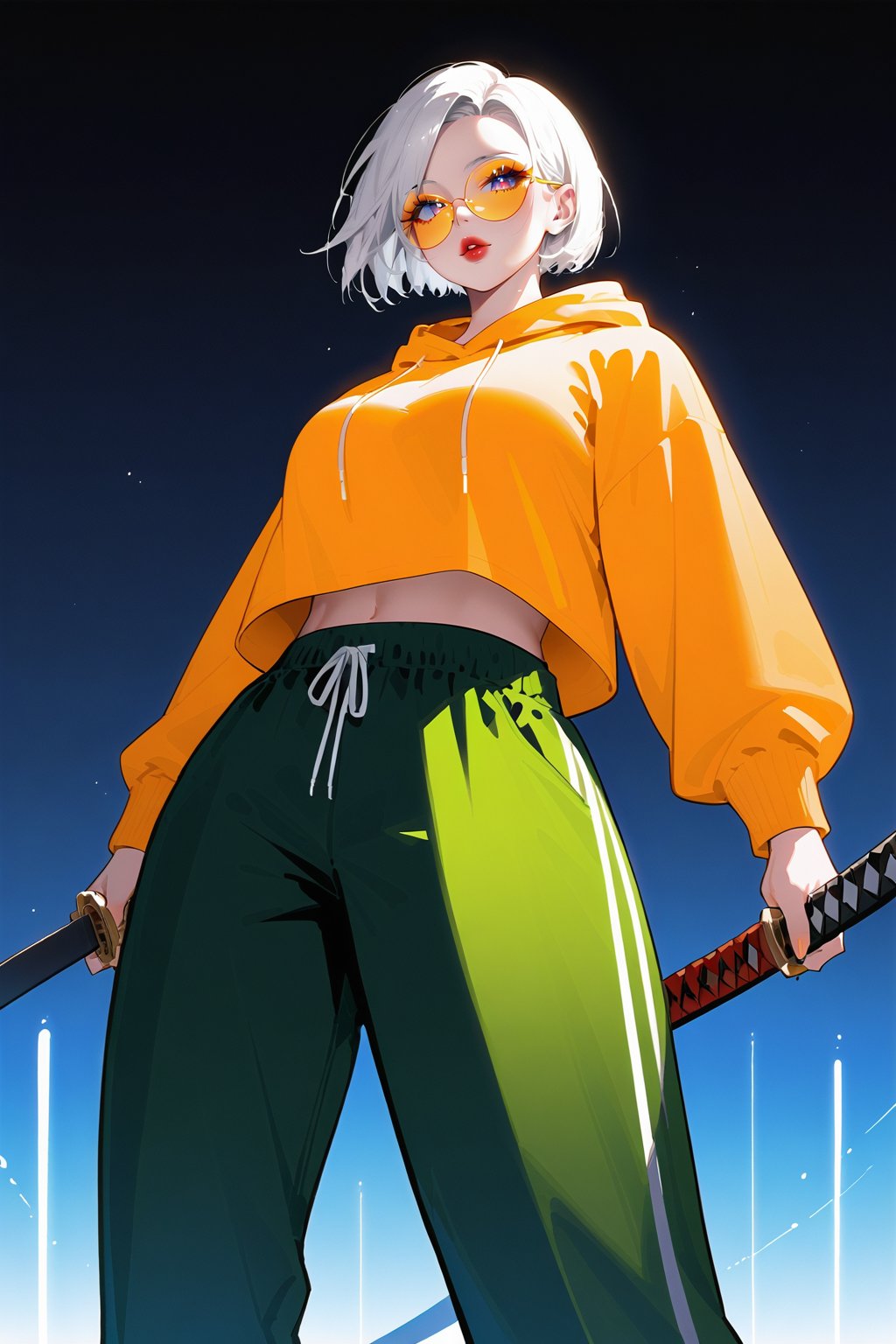 visualy complex illustration, source_anime, beautiful tall woman, year 3000, neon tokyo, short_hair, white hairs, orange round glasses, wearing street style clothes, yellow hoodie with black strips, green baggy pants with black strips, night time, dark environment, slight neon lights illuminating from both sides, white sneakers,standing while posing, serious face, dynamic girl, facing backwards, looking sideways, holding mechanical katana, dynamic pose, low angle view, perfect illustration, perfect hands, perfect anatomy, visually complex, 32k uhd, hyper detailed, minute details