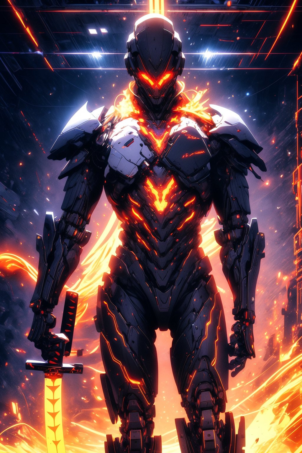 full black carbon armour, male,humanoid robot, character illustration, posing, warrior, holding katana, wearing full carbon armour, black, gear in thigh joints, sparks, glowing particles, glowing eyes, white eyes, glowing, mechanical glowing wings, black and golden wings, glowing,  mechanical wings, sci-fi, futuristic, minimalistic, white and red abstract background, perfect anatomy, perfect hands, 8k uhd, ultra realistic, hyper detailed, no mistakes, sci-fi robot, no human, red and white abstract background.