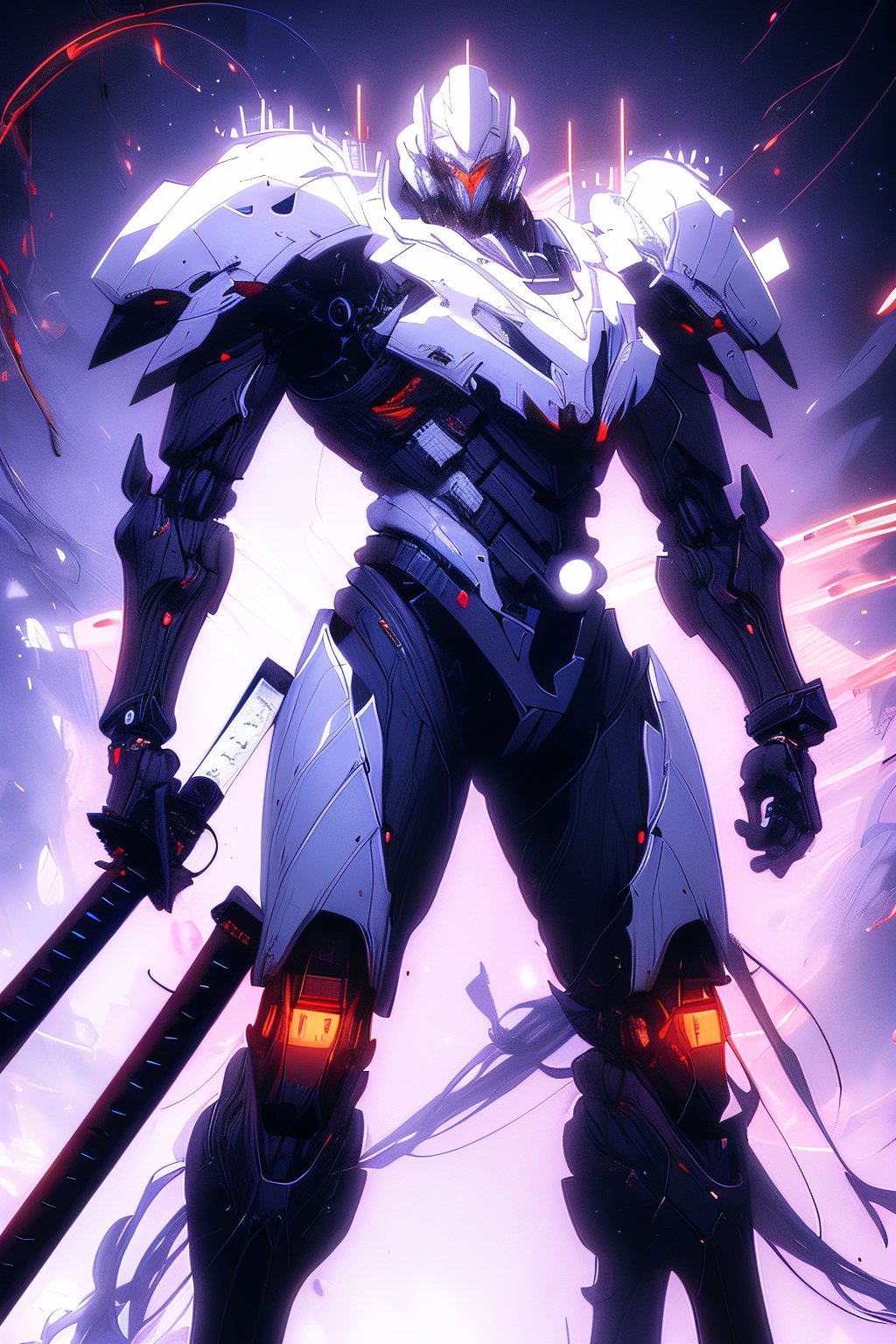 black and white modern mecha warrior, red and white abstract background, sci-fi, warrior, katana, glowing eyes, full body shot, character illustration, minimalistic, sleek design,