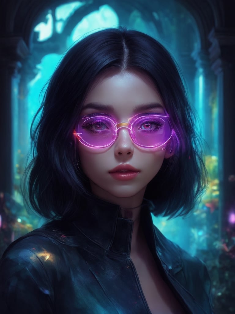 A cyberpunk beauty donning clear neon glasses, surrounded by a whimsical fantasy landscape. The golden ratio is subtly woven into the intricate details of her outfit, blending seamlessly with the decadent architecture. In 32k UHD, the illustration shines with smooth, sharp focus. Inspired by Artgerm, Loish, and WLOP, this masterpiece features detailed eyes and face, set against a deep background with vibrant complementary colors. Soft light leaks and subsurface scattering create a captivating atmosphere, while rim light highlights her striking features. A truly heartwarming, uplifting, and charming concept art piece.