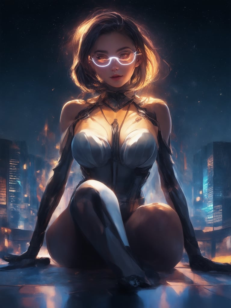 A cyberpunk girl with clear neon glasses sits amidst a futuristic cityscape, her golden ratio-composed features illuminated by warm, rim light. Smooth, high-fidelity textures cover her intricate, decadent costume. In the background, a deep, starry night sky serves as a vibrant complement to her sharp-focused face and detailed eyes. Light leaks and subsurface scattering enhance the overall atmosphere of this UHD masterpiece, reminiscent of artgerm's and loish's concept art on ArtStation.