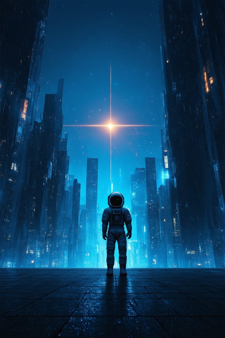 A futuristic cityscape at dusk, bathed in a warm orange glow from a distant solar flare. Neon-laced skyscrapers reflect the intense light, casting a vibrant hum of electric blue shadows on the darkening pavement. In the foreground, a lone astronaut stands silhouetted against the radiant sky, their spacesuit glistening with dew, as they gaze out at an unknown horizon.