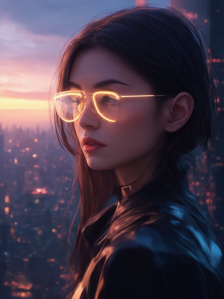 In a futuristic cityscape at dusk, a cyberpunk girl with clear neon glasses gazes out at the viewer. Her intricate, golden-ratio inspired cybernetic enhancements glimmer in the soft, warm light of the setting sun. The neon hues of her glasses subtly bleed into the vibrant colors of the surrounding environment, creating a sense of depth and dimensionality. Her decadent, highly detailed face is rendered with precision and attention to detail, inviting the viewer to step into her world. The 32K UHD illustration features smooth, sharp focus, with beautifully lit eyes that seem to sparkle with an inner light. As she stands at the edge of a towering skyscraper, the rim light casts a warm glow on her cybernetic enhancements, highlighting the intricate details and textures. The subsurface scattering effect adds depth and dimensionality to her skin, while the light leaks create a subtle, dreamy quality. In the background, the cityscape stretches out in vibrant complementary colors, inviting the viewer to explore the ever-expansive world of cyberpunk fantasy.