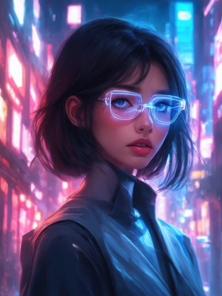 A cyberpunk girl stands amidst a neon-lit cityscape, wearing clear glasses that radiate a soft blue glow. Her golden ratio-balanced features are intricately detailed, with sharp focus on her mesmerizing eyes and smooth skin. The atmosphere is warm and inviting, with light leaks and subsurface scattering casting a romantic ambiance. Vibrant complementary colors dance across the background, while the rim light accentuates her striking facial structure. A masterpiece of digital painting, reminiscent of Artgerm's and Loish's styles.